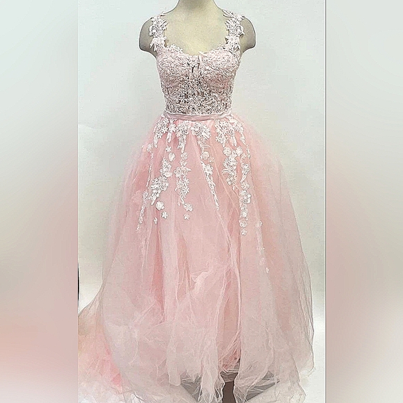 Dresses & Skirts - Elegant embroidered Lace Floral Formal Stunning Pink Lace and Tulle Gown Medium